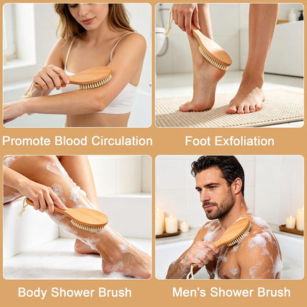 Dry Brushing Body Brush, Natural Boar Bristles Body Scrubber for Bath, Wooden Handle Lymphatic Drainage Brush for Skin Exfoliation and Foot Scrubbing