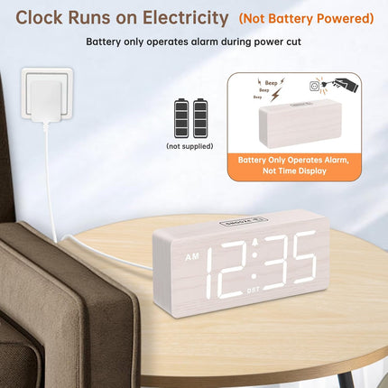 Wooden Digital Alarm Clock for Bedroom with Large Numbers | Desk Clock for Living Room Office, Loud Alarm for Heavy Sleepers Adults, Volume Control, Dimmer, DST, Wood Decor (Plug-In)