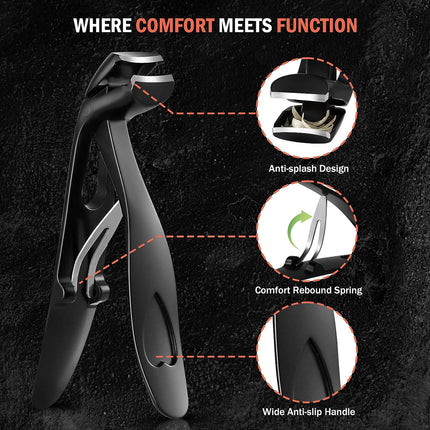 Angled Head Toe Nail Clippers for Seniors for Thick Nails - Ergonomic Toenails Clipper for Thick Toenails, Premium Finger Nails Clipper for Adult with Catcher - Black