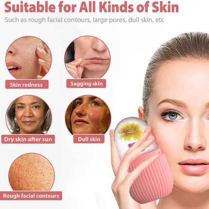 Ice Cube Roller Massager for Face, Eyes and Neck Naturally Conditioning and Skin Care,De-Puff Eye Bags,Reduce Migraine Pain,Reusable Massage Silicone Ice Mold (Pink)