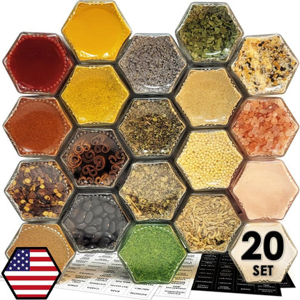 20 Pack Magnetic Spice Jars for Refrigerator, Hexagon Glass Magnetic Spice Jar with Shaker Lids Label for Kitchen RV Travel Trailer Boat, Magnet Seasoning Containers for Fridge Cabinet Wall Mount Rack