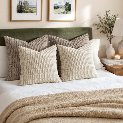 Set of 2 Soft Corduroy Boho Striped Throw Pillow Covers - 18x18 Inch Modern Farmhouse Decor for Sofa, Couch, and Bed in Cream White