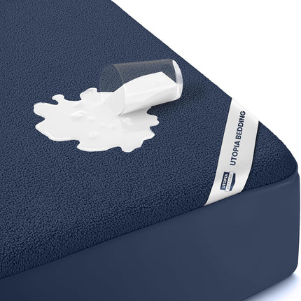 Twin Size Mattress Protector, Waterproof 200 GSM Terry Mattress Cover, Soft Breathable Fitted Bed Protector with Stretchable Deep Pocket Up to 15 Inches, Premium Mattress Pad Cover, Navy Blue