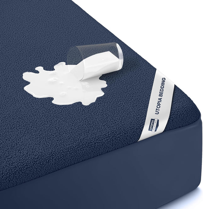 Twin Size Mattress Protector, Waterproof 200 GSM Terry Mattress Cover, Soft Breathable Fitted Bed Protector with Stretchable Deep Pocket Up to 15 Inches, Premium Mattress Pad Cover, Navy Blue
