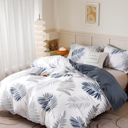 100% Cotton Duvet Cover Set – Soft Leaf Pattern Comforter Cover Bedding Set with 1 Duvet Cover & 2 Pillow Shams, Breathable All-Season Bedding