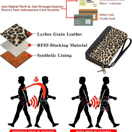 Women'S Wallet Large Capacity Double Zip Ladies Card Phone Holder RFID Blocking Wristlet Leather