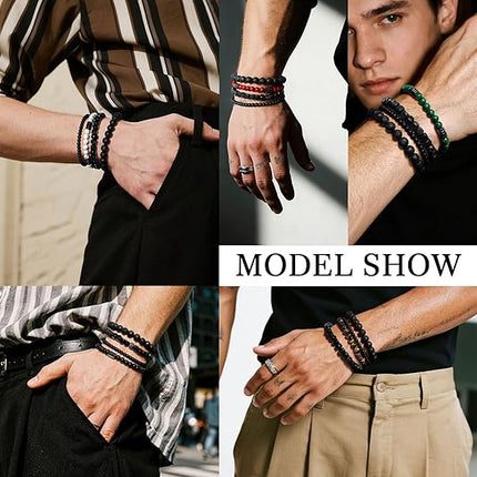 Men's Hematite Bracelet Set – Tiger Eye, Matte Agate & Lava Rock Boho Beaded Bracelets
