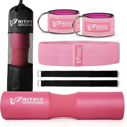 RitFit Ultimate 7-Piece Barbell Squat Pad Set with Resistance Bands, Safety Straps & Ankle Straps - Enhanced Neck & Shoulder Support for Squats, Lunges & Hip Thrusts (Pink/Black)