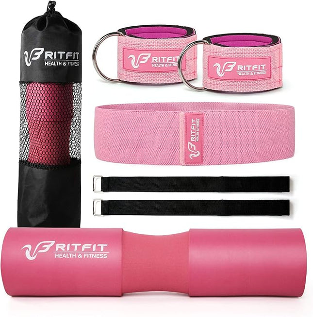 RitFit Ultimate 7-Piece Barbell Squat Pad Set with Resistance Bands, Safety Straps & Ankle Straps - Enhanced Neck & Shoulder Support for Squats, Lunges & Hip Thrusts (Pink/Black)