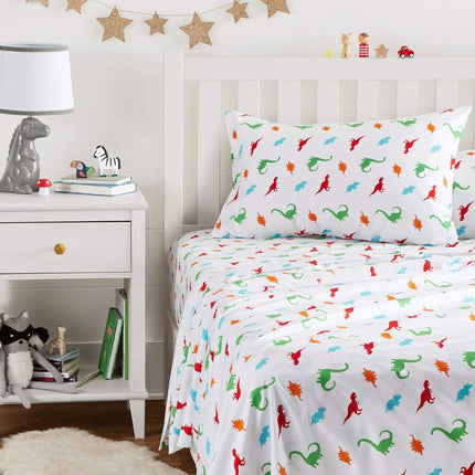 Kids Twin Microfiber Sheet Set – 3-Piece Soft Breathable Bedding with Fitted Sheet, Easy-Wash Animal Print Dinosaur Bed Sheets for Boys & Girls
