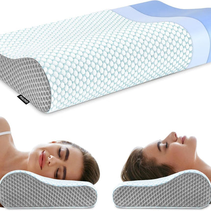 Ergonomic Memory Foam Cervical Neck Pillow – Orthopedic Contour Bed Pillow for Neck & Shoulder Pain Relief, Cooling Neck Support for Side, Back & Stomach Sleepers, Blue & Grey