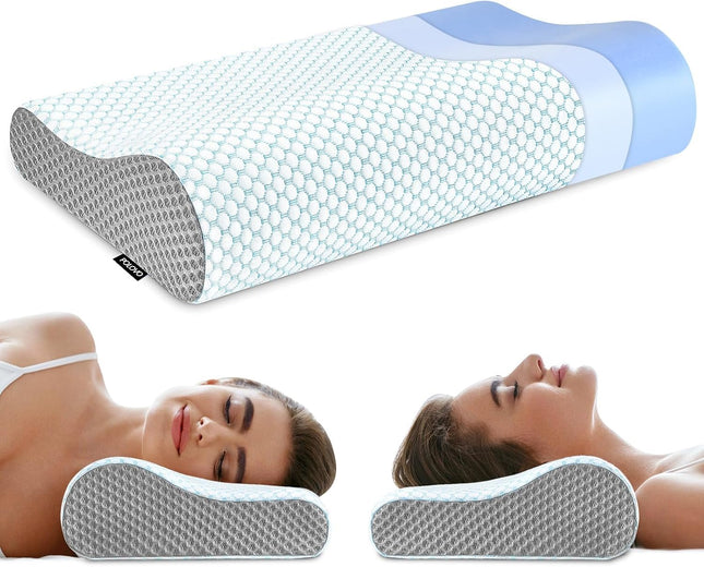 Ergonomic Memory Foam Cervical Neck Pillow – Orthopedic Contour Bed Pillow for Neck & Shoulder Pain Relief, Cooling Neck Support for Side, Back & Stomach Sleepers, Blue & Grey