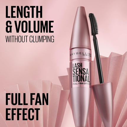 Maybelline Lash Sensational Washable Mascara – Lengthening & Volumizing Mascara for a Full Fan Effect, Blackest Black, 1 Count