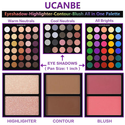 UCANBE 86-Color Eyeshadow Palette Makeup Set – 15-Piece Brush Kit with Highly Pigmented Matte, Shimmer & Glitter Eyeshadows, Highlighter, Contour & Blush Powders, Beauty Gift Set