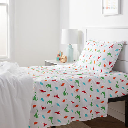 Kids Twin Microfiber Sheet Set – 3-Piece Soft Breathable Bedding with Fitted Sheet, Easy-Wash Animal Print Dinosaur Bed Sheets for Boys & Girls