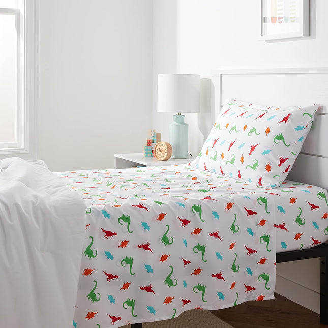 Kids Twin Microfiber Sheet Set – 3-Piece Soft Breathable Bedding with Fitted Sheet, Easy-Wash Animal Print Dinosaur Bed Sheets for Boys & Girls