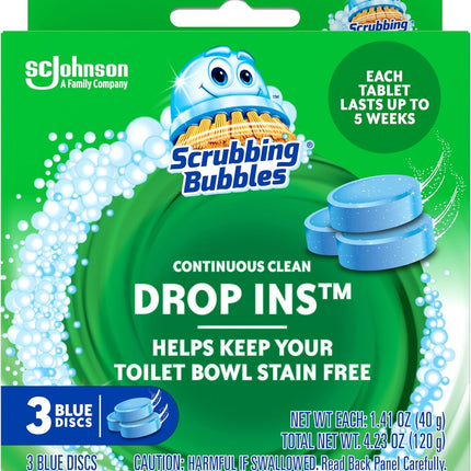 Scrubbing Bubbles Continuous Clean Toilet Drop-Ins – Automatic Blue Toilet Bowl Cleaner, Septic-Safe Tablets for Hard Water Mineral and Limescale Removal, Stain and Odor Protection, 3 Count (Single Pack)