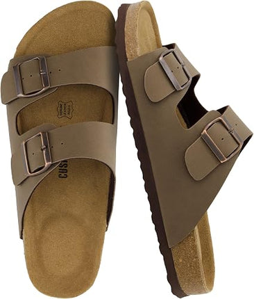 CUSHIONAIRE Lane Men’s Cork Footbed Sandals – Adjustable Buckle Slides with Genuine Leather Insole - Brown Nubuck, Size 10