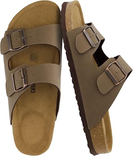 CUSHIONAIRE Lane Men’s Cork Footbed Sandals – Adjustable Buckle Slides with Genuine Leather Insole - Brown Nubuck, Size 10