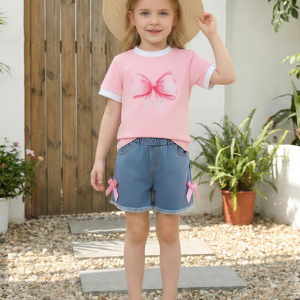 Toddler Girls Summer Outfit Set – Cotton Print T-Shirt & Denim Shorts 2-Piece Set (2T-8Y)