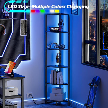 6 Tier Corner Shelf with LED Light, 67.5 Inch Tall Narrow Bookshelf Organizer, Black Standing Storage Rack with Metal Frame & Wood Shelves for Living Room, Bedroom, Office & Wall Corner Display
