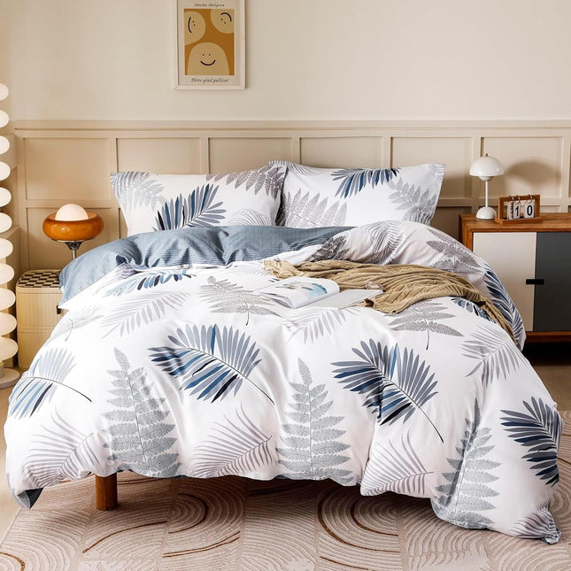 100% Cotton Duvet Cover Set – Soft Leaf Pattern Comforter Cover Bedding Set with 1 Duvet Cover & 2 Pillow Shams, Breathable All-Season Bedding