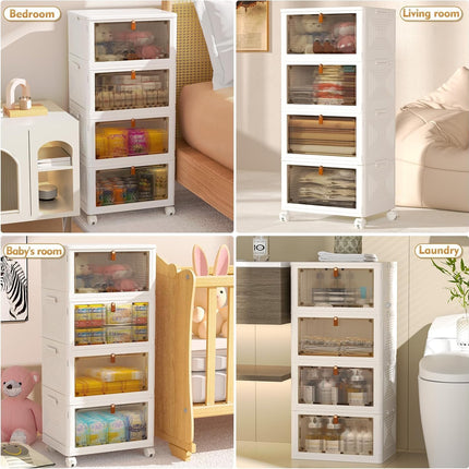 4-Tier Stackable Storage Bins with Lids, 23QT Folding Plastic Storage Containers with Wheels for Home, Office & Dorm