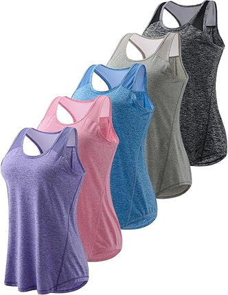 Women's 5-Pack Workout Tank Tops – Athletic Racerback Mesh Sleeveless Shirts for Yoga, Gym, Running & Fitness