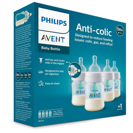 Anti-Colic Baby Bottle with Airfree Vent, Slow Flow 1 Nipple, 0M+, 4Oz, 4 Pack, Clear, SCY701/04