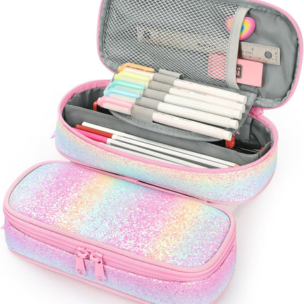 Girls Multi-Slot Pencil Case – Kids Pencil Pouch with Zipper, Large Capacity Stationery Organizer for School Supplies, Pink Blue Rainbow Design
