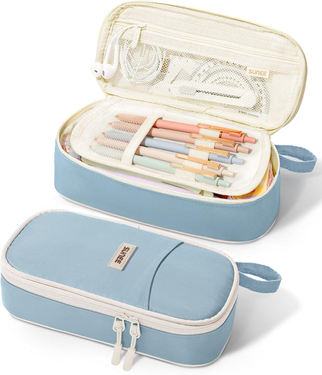 Cute Aesthetic Pencil Case – Large Kawaii Pen Pouch with Zipper, Spacious Stationery Organizer for School Supplies, Pens & Accessories for Teen & Adult Girls, Blue