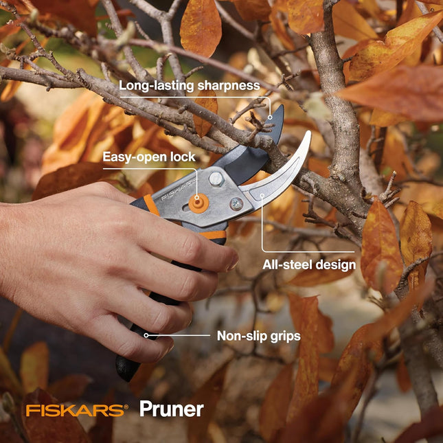 Fiskars Bypass Pruning Shears - Effortless Cutting with Sharp Steel Blades and Non-Slip Grip, Self-Cleaning Sap Groove, 5/8" Cut Capacity for Stems & Branches