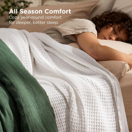 Bedsure 100% Cotton Waffle Weave Blanket Queen Size – Soft Breathable Cooling Summer Blanket, Thick Cozy Bed Blanket for All Seasons, White, 90 x 90 Inches