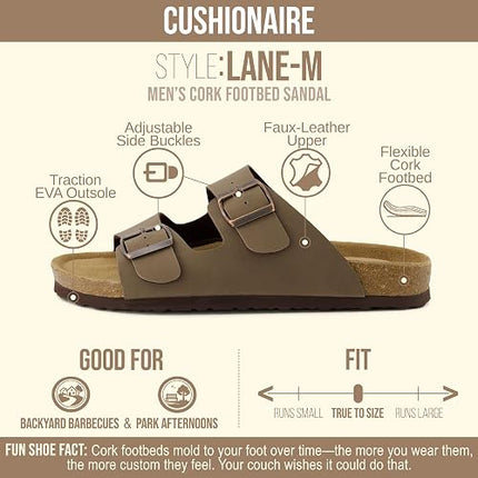CUSHIONAIRE Lane Men’s Cork Footbed Sandals – Adjustable Buckle Slides with Genuine Leather Insole - Brown Nubuck, Size 10