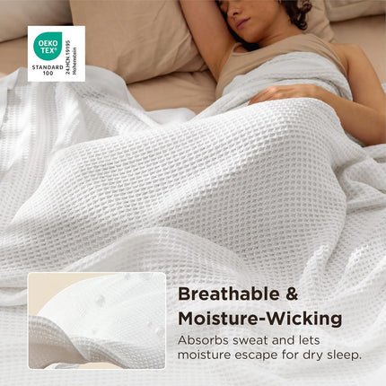 Bedsure 100% Cotton Waffle Weave Blanket Queen Size – Soft Breathable Cooling Summer Blanket, Thick Cozy Bed Blanket for All Seasons, White, 90 x 90 Inches