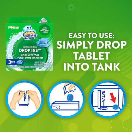 Scrubbing Bubbles Continuous Clean Toilet Drop-Ins – Automatic Blue Toilet Bowl Cleaner, Septic-Safe Tablets for Hard Water Mineral and Limescale Removal, Stain and Odor Protection, 3 Count (Single Pack)