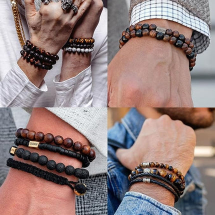Tiger Eye Bracelet Set for Men – 8mm Natural Stone, Lava Rock & Black Crystal Stretch Beaded Bracelets