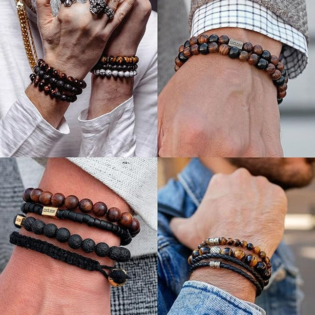 Tiger Eye Bracelet Set for Men – 8mm Natural Stone, Lava Rock & Black Crystal Stretch Beaded Bracelets