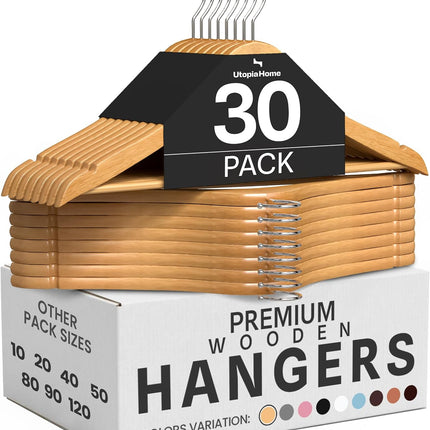 Utopia Home Wooden Hangers, 30 Pack Slim Suit Hangers with 360° Rotatable Hooks, Natural Wood Clothes Hangers with Shoulder Grooves for Suits, Coats, Jackets, Shirts & Closet Organization
