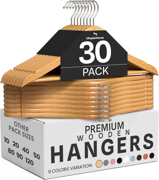 Utopia Home Wooden Hangers, 30 Pack Slim Suit Hangers with 360° Rotatable Hooks, Natural Wood Clothes Hangers with Shoulder Grooves for Suits, Coats, Jackets, Shirts & Closet Organization