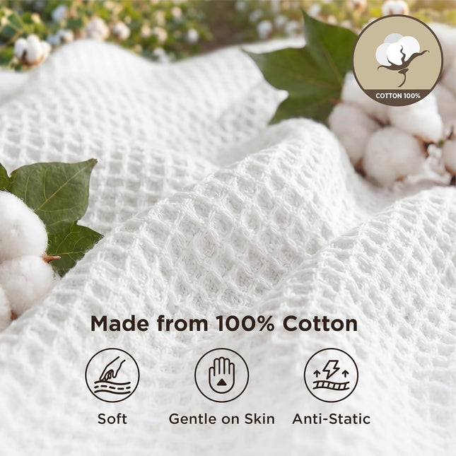 Bedsure 100% Cotton Waffle Weave Blanket Queen Size – Soft Breathable Cooling Summer Blanket, Thick Cozy Bed Blanket for All Seasons, White, 90 x 90 Inches