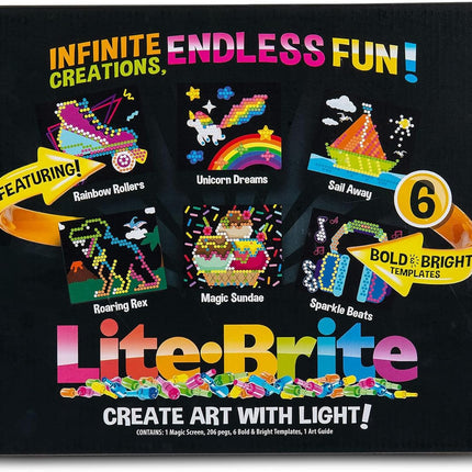 Lite-Brite Classic Light-Up Art Toy – 206 Colorful Pegs, 6 Design Templates & 4 Light Modes, Ages 4+