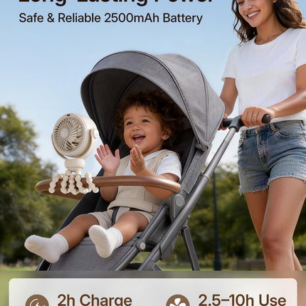 Portable Stroller Fan, Pinch-Proof Baby Fan, 5-Speed Quiet Mini Clip on Fan, USB-C Rechargeable Battery, LED Display for Car Seat, Crib & Travel - Cream