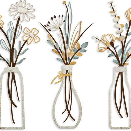 3 Pieces Metal Flowers Wall Art- Rustic Farmhouse Decor Minimalist Decor for Living Room Bathroom Bedroom Dining Room, Housewarming Gifts Christmas Decoration(Beige, Vase-C)