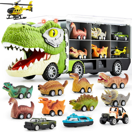 13 in 1 Dinosaur Toys for Kids 3-5, Transport Dinosaur Carrier Truck with 12 Pull Back Cars, Toddler Toys 3-4， Birthday Gifts for 3 4 5+ Year Old Boys