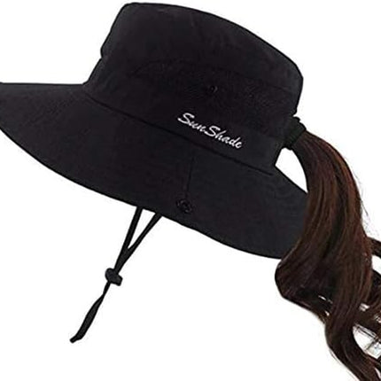 Women's UV-Protection Foldable Wide-Brim Sun Hat with Mesh and Ponytail Hole for Outdoor Activities