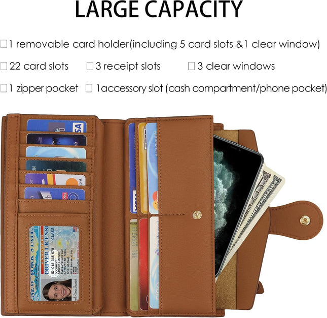 Women'S Wallet RFID Blocking Trifold Clutch Large Capacity Credit Card Holder Travel Purse