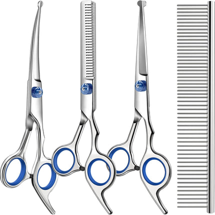 Professional 4 in 1 Dog & Cat Grooming Scissors Kit with Safety round Tips,Sharp & Durable,Dog Shears for Grooming - Includes Straight, Curved, Thinning Scissors and Comb - Premium Pet Supplies