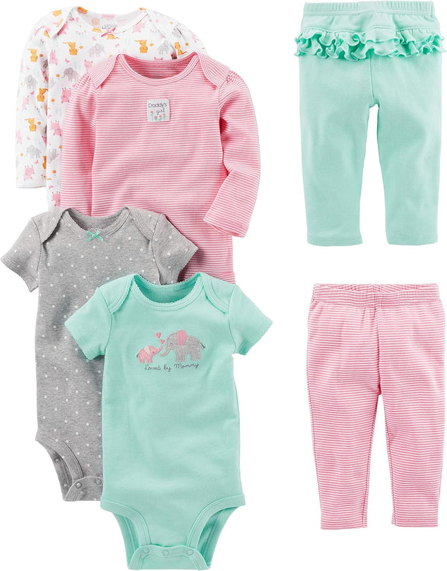 Baby Girls 6-Piece Bodysuits (Short and Long Sleeve) and Pants Set