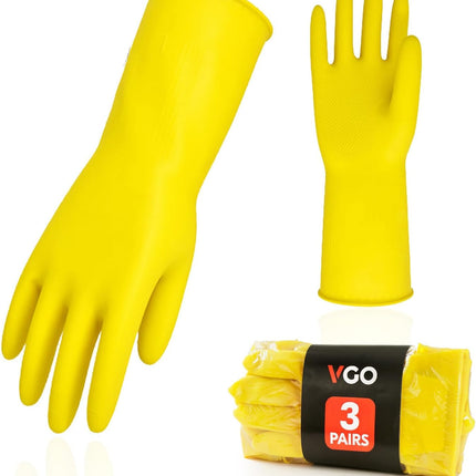 3-Pairs Reusable Household Gloves, Rubber Dishwashing Gloves, Extra Thickness, Long Sleeves, Kitchen Cleaning, Working, Painting, Gardening, Pet Care (Size L, Yellow, HH4601)